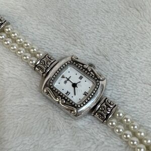 Brighton Emporia Womens Silver Watch With Faux Pearl Bracelet & Roman Numerals